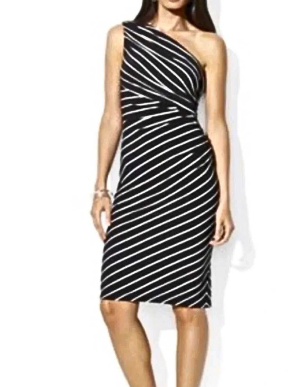 Vintage 90s Ralph Lauren one shoulder cocktail dress. black + cream stripes, NWT